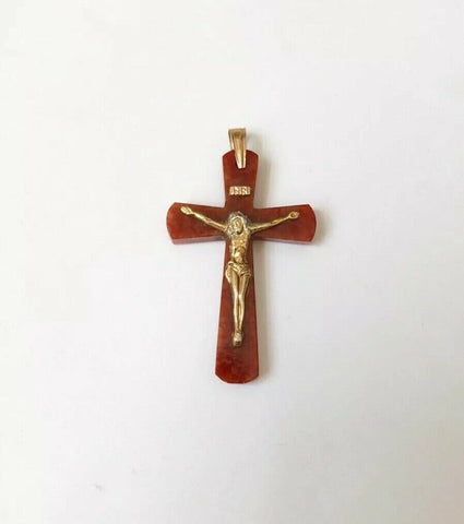 14K Yellow Gold Jesus Crucifix Red Jade Cross Religious Pendant - PP5