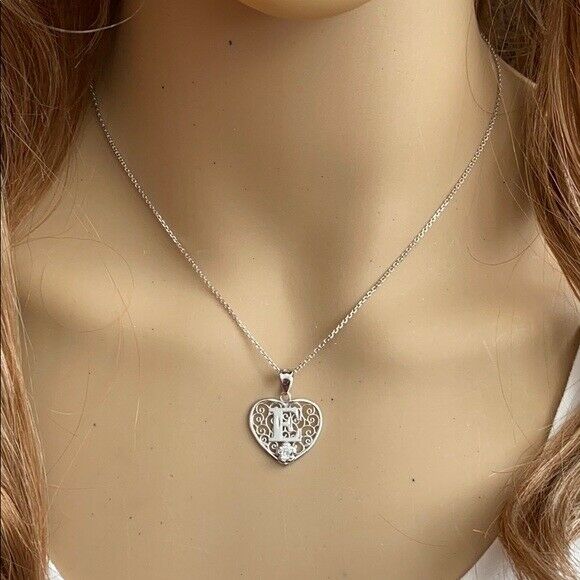 925 Sterling Silver Filigree Heart CZ Initial Letter E Pendant Necklace