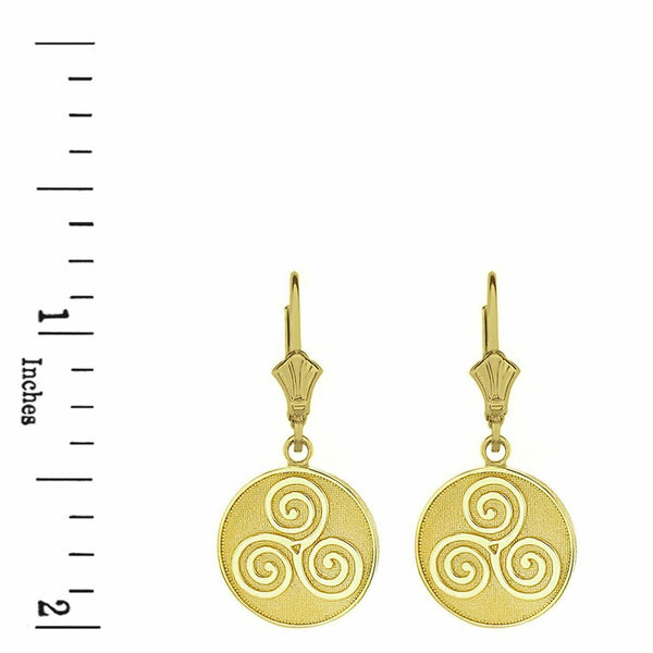 10k Solid Yellow Gold Celtic Triple Spiral Triskele Irish Knot Disc Earring Set