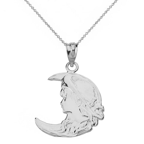 925 Sterling Silver Art Nouveau Lady in Crescent Moon Pendant Necklace