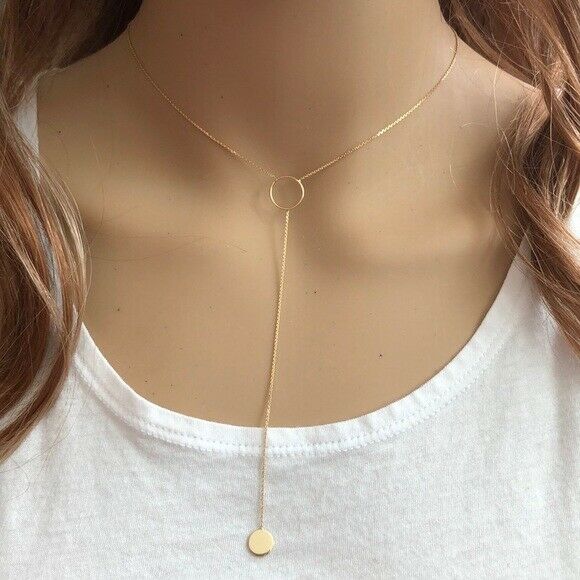 14K Solid Yellow Gold Dangle Drop Hawley St. Circle Disk Disc Lariat Necklace