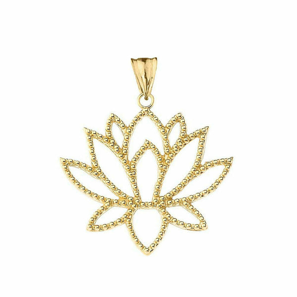 10k Solid Gold Double Sided Lotus Flower Buddism Pendant Necklace