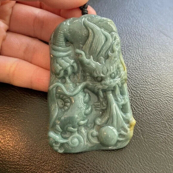 Large Natural Jade Carved Dragon Pendant Necklace Men Black Cord Wire