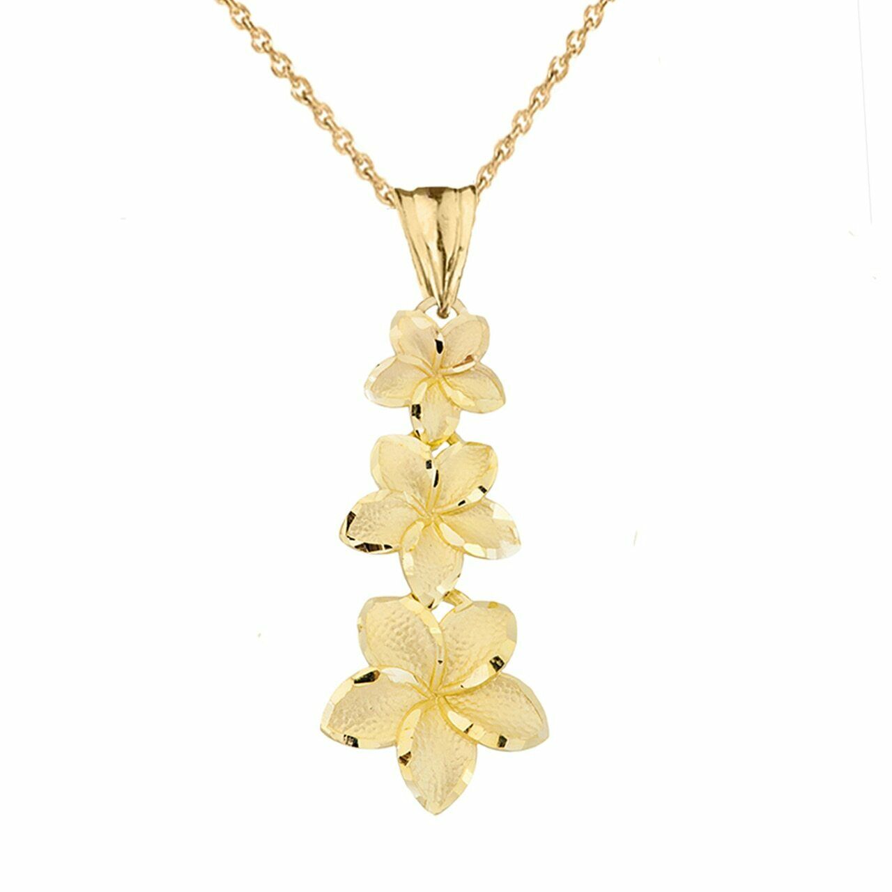 14K Yellow Gold Elegant 3 Plumeria Flowers Joy Love Spiritual Pendant Necklace