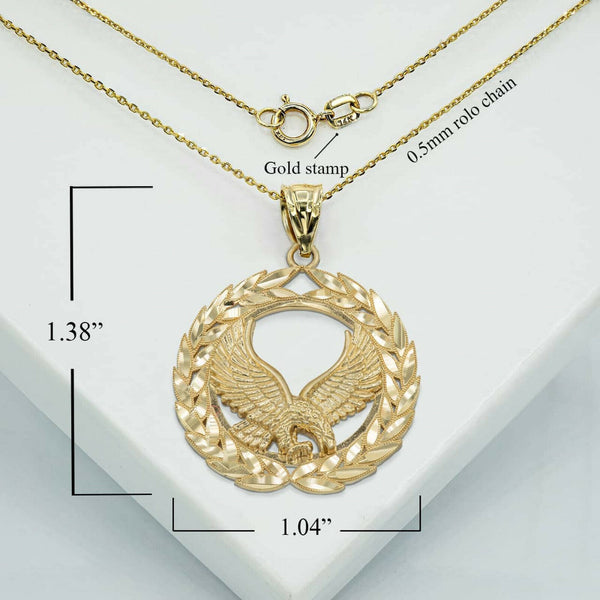 14K Solid Gold Flying Eagle Laurel Wreath Pendant Necklace - Yellow, Rose, White