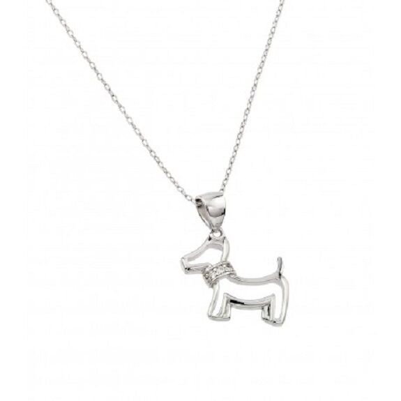 925 Sterling Silver Rhodium Plated Clear CZ Dog Necklace 16"-18" adjustable