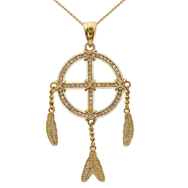 10k Solid Yellow White Rose Gold CZ Dream Catcher Pendant Necklace