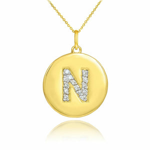 Solid 10k Yellow Gold Letter "N" Initial Diamond Disc Charm Pendant Necklace