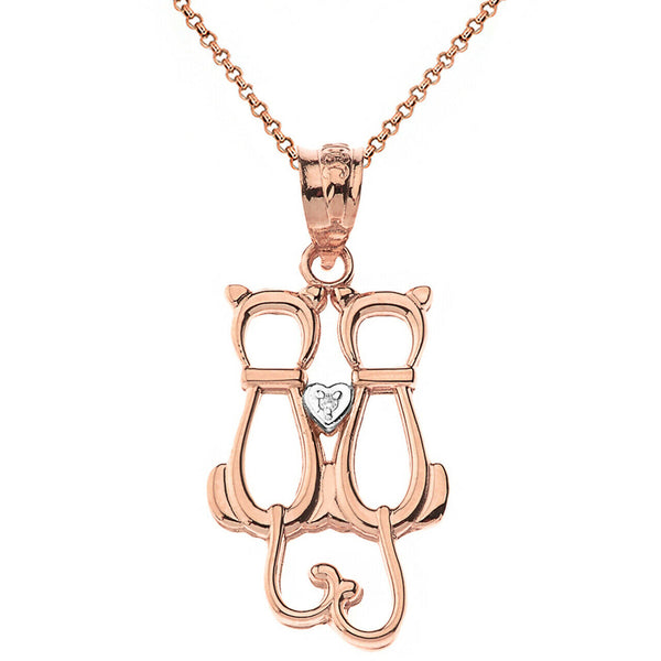 14K Solid Gold A Pair of Love Cats Heart Diamond Pendant Necklace