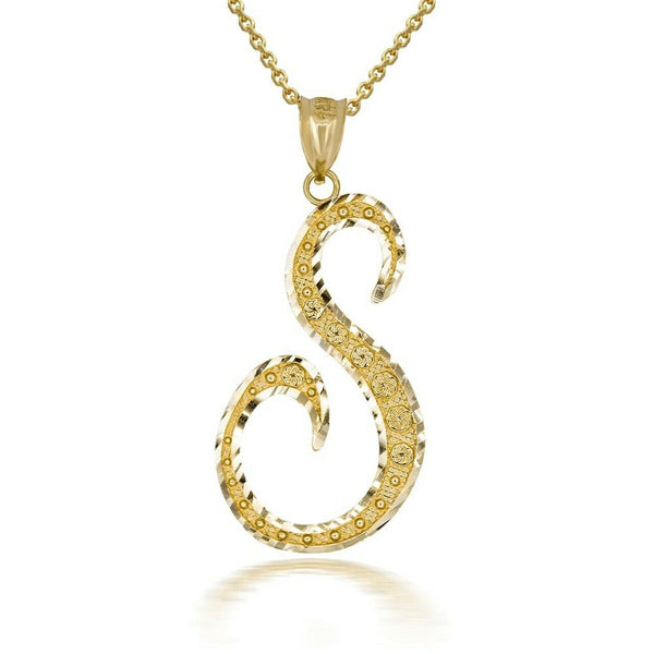 10k Solid Yellow Gold Cursive Initial Letter S Pendant Necklace