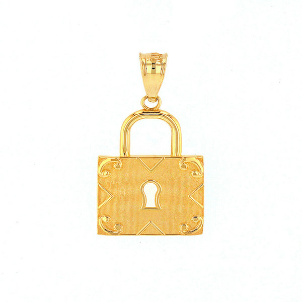 14K Solid Gold Swirl Rectangle Keyhole Padlock Pendant Necklace