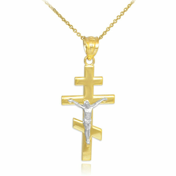 Solid 14k Two-Tone Gold Russian Orthodox Crucifix Pendant Necklace