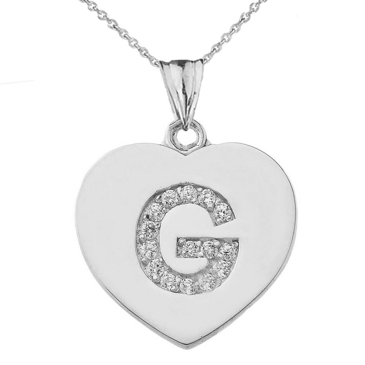 925 Sterling Silver CZ Initial Letter G Heart Pendant Necklace - 16" 18" 20" 22"