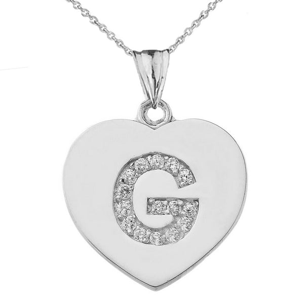 925 Sterling Silver CZ Initial Letter G Heart Pendant Necklace - 16" 18" 20" 22"