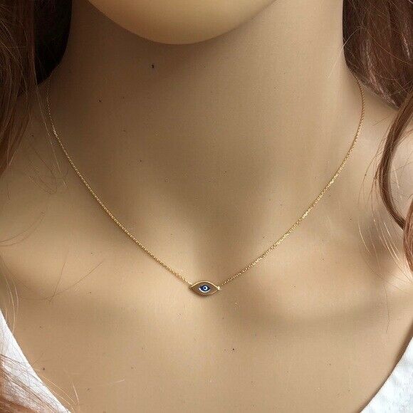 14K Solid White Gold Mini Evil Eye Cable Necklace - Minimalist Adjustable