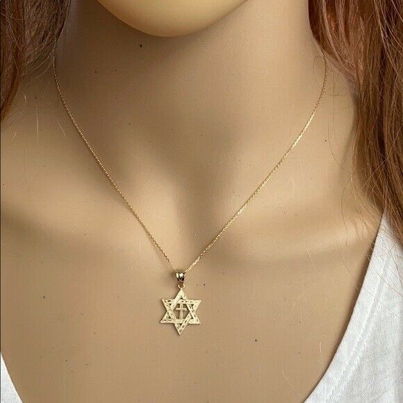 Solid 14k Rose Gold Jewish Star of David Cross Pendant Charm Necklace Judaica