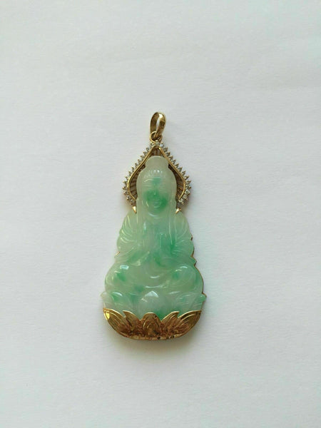 14K Solid Gold Guanyin Kwan Yin Female Buddha Jade Pendant Large