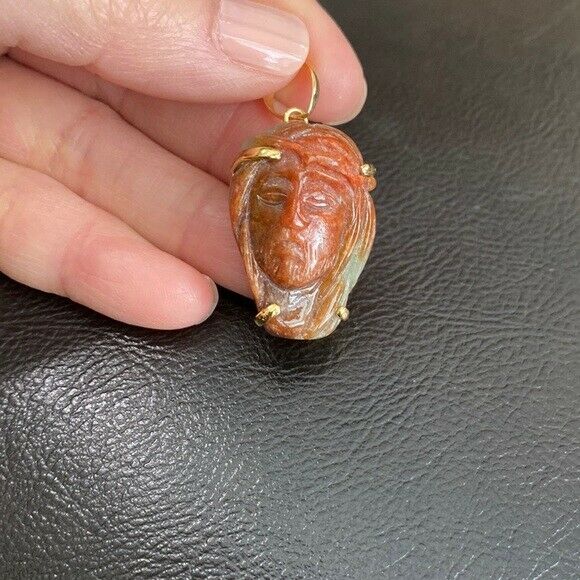 14K Real Solid Gold Natural Jade Carved Jesus Christ Head Pendant Charm