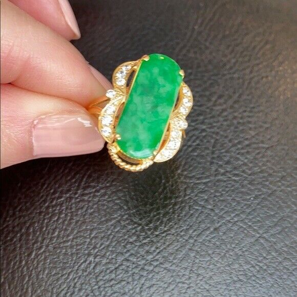 14K Solid Real Yellow Gold Rectangle Green Jade CZ Ring Size 6.75