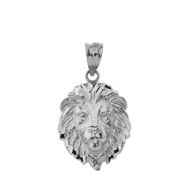 10k White Gold Lion's Face Head Animal Textured Detailed Small Pendant Necklace