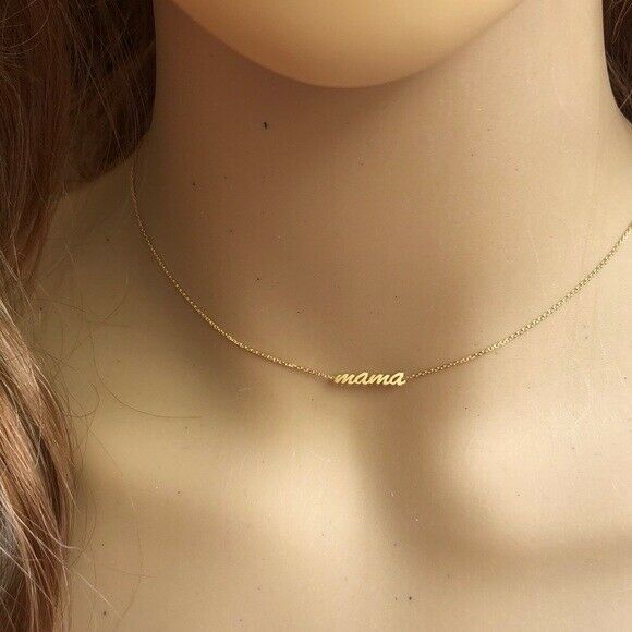 14K Solid Gold Script "Mama" Mini Plate Choker Necklace 16" Adjustable Yellow