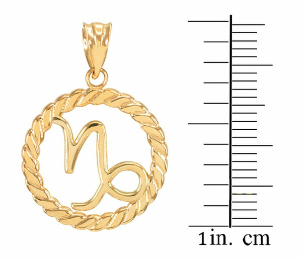 14K Solid Gold Capricorn Zodiac Sign in Circle Rope Pendant Necklace