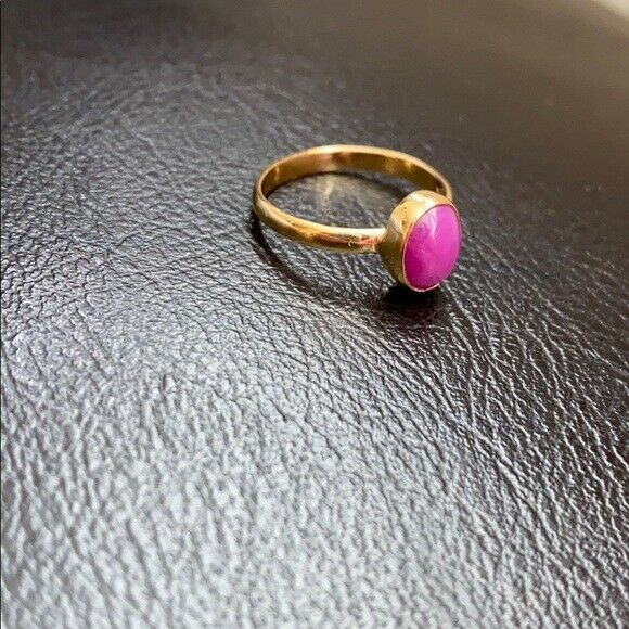 14K Real Yellow Gold Mini OVal Pink Star  Women Girl Ring S. 5.75 Minimalist