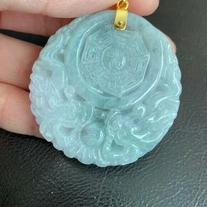 14K Real Gold Carved Jade Dragon Phoenix Yin Yang Round Pendant Large