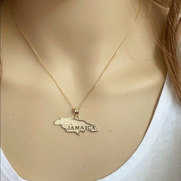Solid 10k Yellow Gold Jamaica Map Pendant Necklace 16" 18" 20" 22"