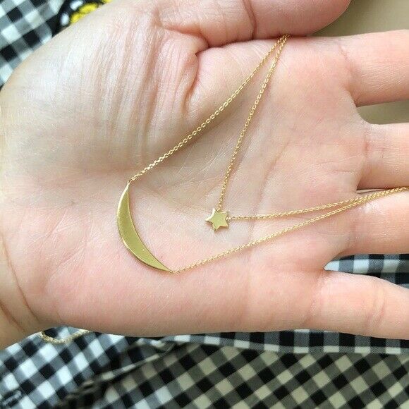 14K Solid Gold Duo Layer Celestial Moon Star Layering Necklace 16"-18"