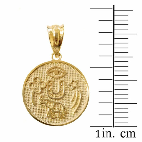 10k 14k Solid Gold Lucky Charms Amulet Good Luck Disc Medallion Pendant Necklace