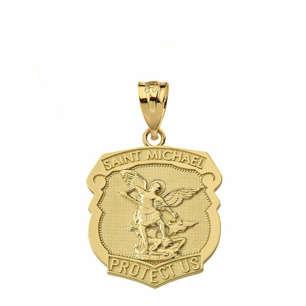 10k Solid Yellow Gold Saint Michael Protect Us Shield Pendant Necklace