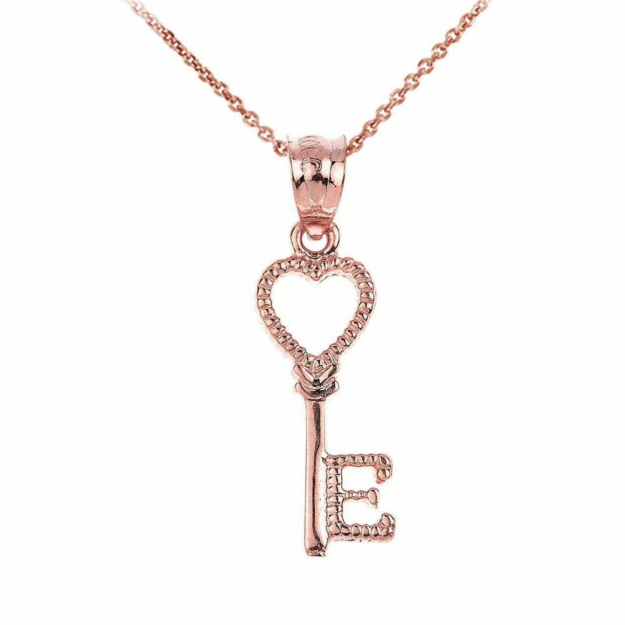 10k Real Rose Gold Open Love Heart Key Letter E Pendant Necklace Valentine's