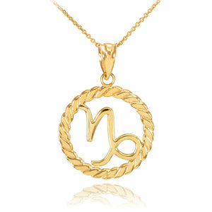 14K Solid Gold Capricorn Zodiac Sign in Circle Rope Pendant Necklace