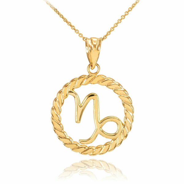 14K Solid Gold Capricorn Zodiac Sign in Circle Rope Pendant Necklace