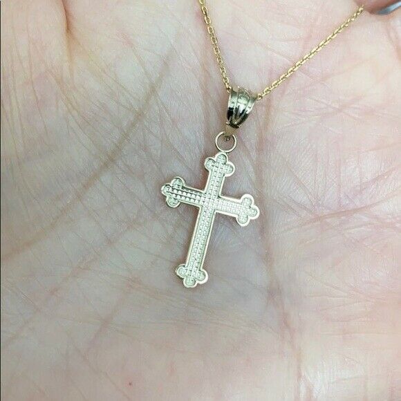 Solid 10k Yellow Gold Dainty Greek Orthodox Cross Pendant Necklace