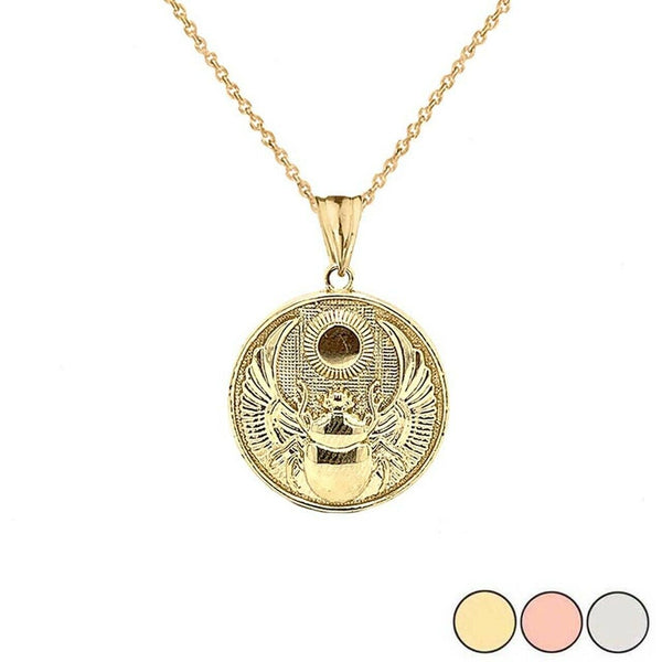 10K Solid Gold Ancient Egyptian Scarab Beetle and Sun Disc Pendant Necklace