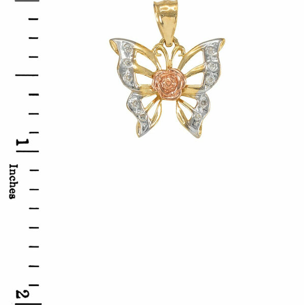 Fine 10k Three-Tone Gold Fashion Women's Butterfly CZ Pendant Necklace