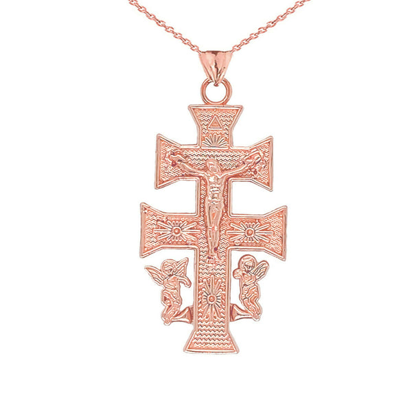 10K Solid Gold Caravaca Double Cross With Angels Crucifix Pendant Necklace