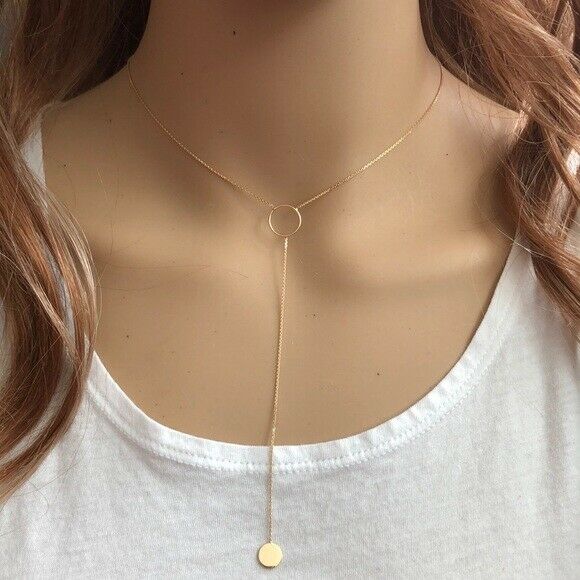 14K Solid Yellow Gold Dangle Drop Hawley St. Circle Disk Disc Lariat Necklace