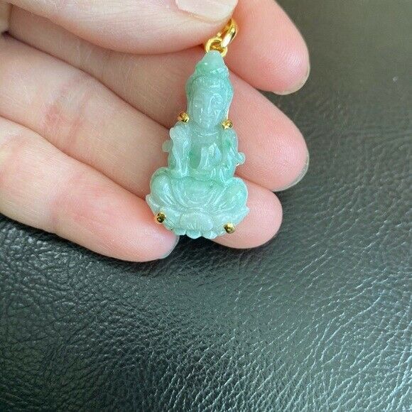 14K Solid Gold Kwan Yin Guanyin Female Buddha Natural Jade Pendant Necklace S