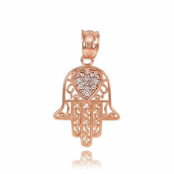 10k Solid Rose Gold Diamond Filigree Hamsa Pendant Necklace 16" 18" 20" 22"