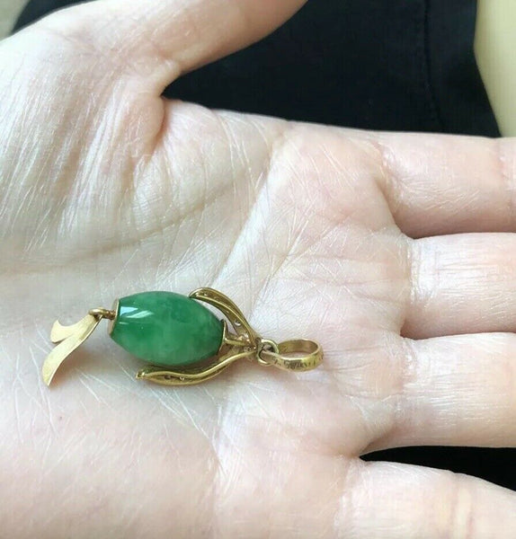 NEW 14K Yellow Gold Green Jade Pendant - ES32