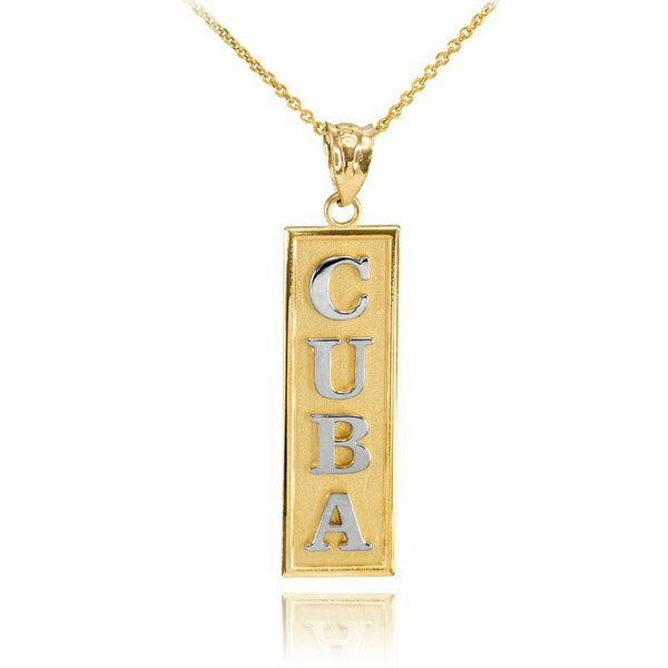 10k Solid Two Tone Gold CUBA Pendant Charm Necklace