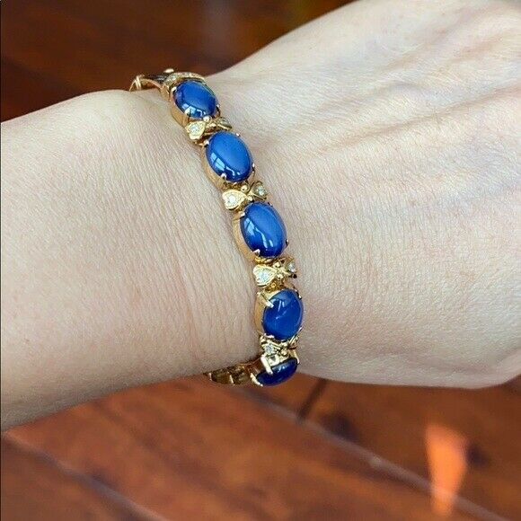 14K Solid Real Yellow Gold Oval Blue Star Bracelet 6.5 inches