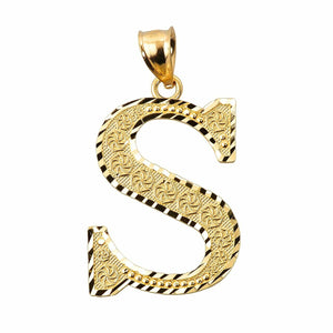 Solid 10K Yellow Gold Diamond-cut Initial Letter Pendant Necklace S