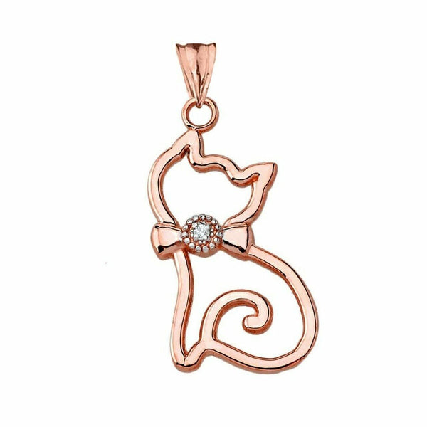Solid 10k Rose Gold Openwork Diamond Cat Pendant Necklace