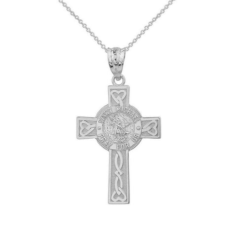 10k White Gold Saint St. Michael Pray For Us Celtic Heart Cross Pendant Necklace