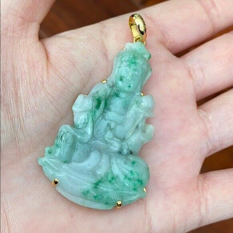 14K Solid Real Yellow Gold Natural Jadeite Jade Kwan Yin Lady Buddha Pendant 704