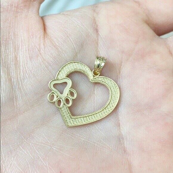 Solid 10k Yellow Gold Heart Paw Print Pendant Necklace 16" 18" 20" 22"